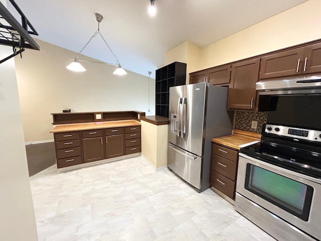 953 14th Ln SE, Cambridge, MN 55008 - kitchen with stainless steel appliances, dark brown cabinets, decorative backsplash, pendant lighting, and under cabinet range hood
