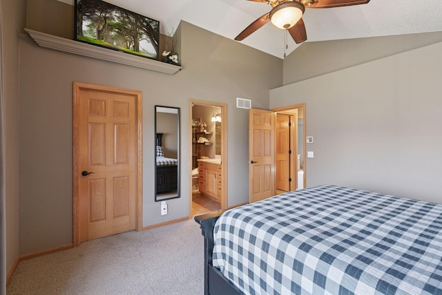 bedroom featuring light carpet, baseboards, visible vents, a ceiling fan, and high vaulted ceiling