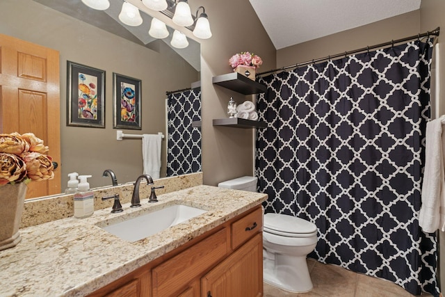 full bathroom featuring a shower with curtain, tile patterned floors, vanity, and toilet