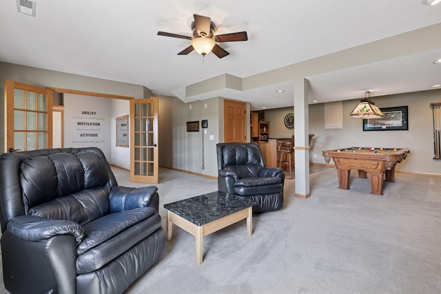 living room featuring light carpet, baseboards, visible vents, and billiards