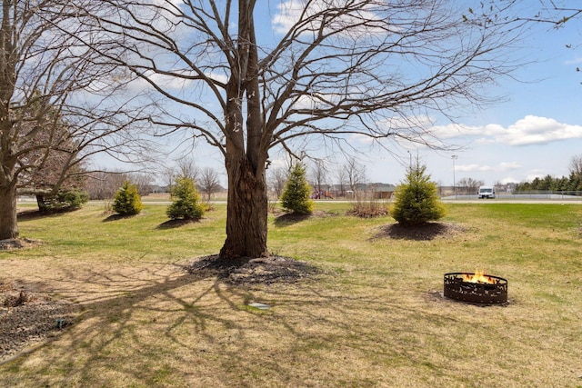 view of yard featuring an outdoor fire pit