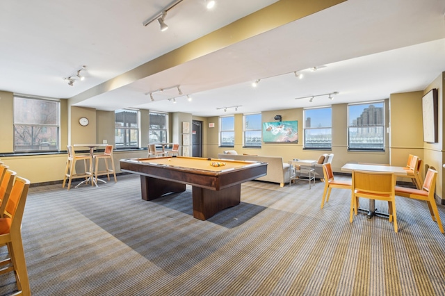 401 1st St Unit 308, Minneapolis, MN 55401 - game room with rail lighting, carpet, pool table, and baseboards