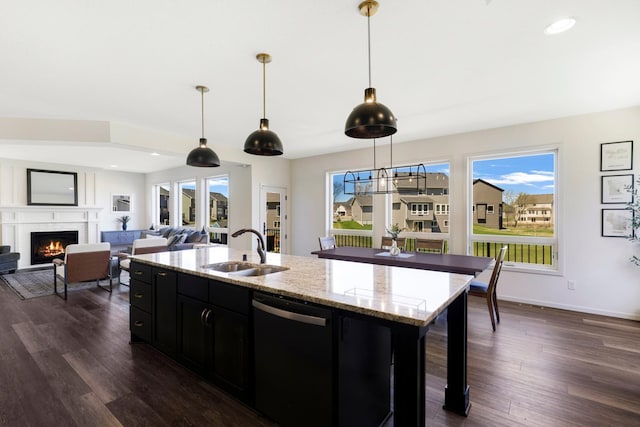 4737 130th Ln NE, Blaine, MN 55449 - kitchen with dishwasher, a sink, dark cabinets, dark wood-style floors, and a fireplace
