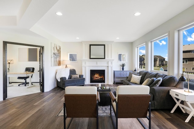 4737 130th Ln NE, Blaine, MN 55449 - living room with a desk, dark wood-style flooring, a fireplace, and recessed lighting