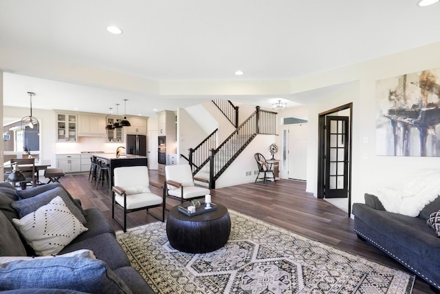 4737 130th Ln NE, Blaine, MN 55449 - living room with stairs, dark wood-type flooring, and recessed lighting