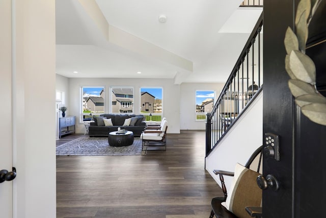 4737 130th Ln NE, Blaine, MN 55449 - living room featuring plenty of natural light, wood finished floors, stairs, and recessed lighting