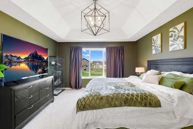 4737 130th Ln NE, Blaine, MN 55449 - bedroom featuring a raised ceiling, light colored carpet, a chandelier, and baseboards