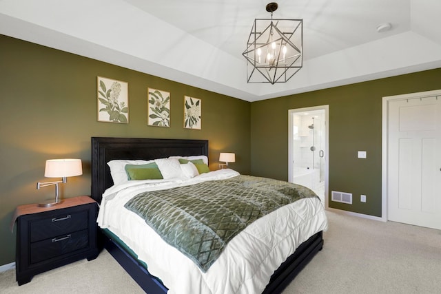 4737 130th Ln NE, Blaine, MN 55449 - bedroom featuring light carpet, a chandelier, baseboards, and ensuite bath