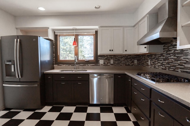 7740 Arlington Ave N, Brooklyn Park, MN 55443 - kitchen with wall chimney exhaust hood, a sink, white cabinetry, stainless steel appliances, and light floors