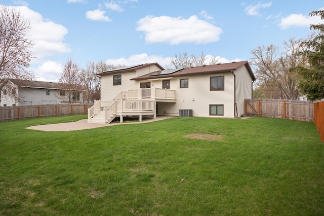 1602 River St, Monticello, MN 55362 - back of house featuring roof mounted solar panels, a patio area, central AC unit, a deck, and stairs