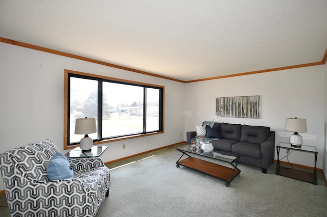 323 Helen Ct SW, Eyota, MN 55934 - living room with ornamental molding, baseboards, and carpet flooring