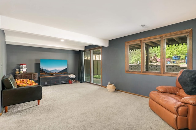 2628 Sumac Ct, White Bear Lake, MN 55110 - carpeted living area featuring beamed ceiling and baseboards