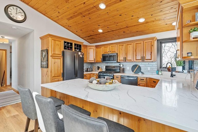 kitchen featuring a peninsula, open shelves, appliances with stainless steel finishes, and wooden ceiling