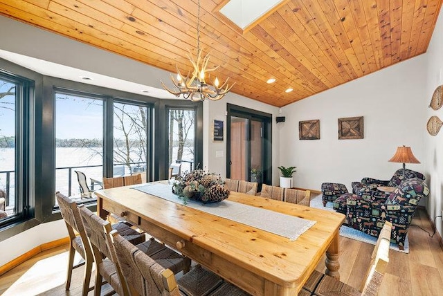 dining area featuring lofted ceiling with skylight, an inviting chandelier, wood ceiling, a water view, and light wood-style floors