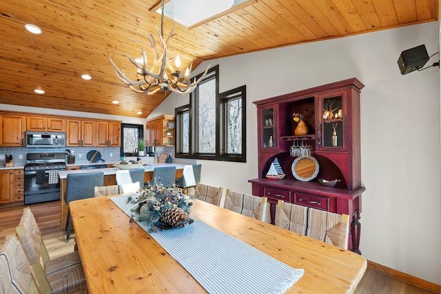 dining room with light wood finished floors, an inviting chandelier, wood ceiling, lofted ceiling, and recessed lighting