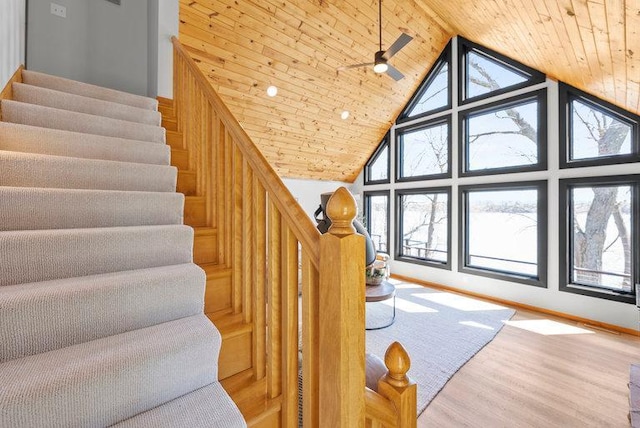 stairway featuring ceiling fan, wood ceiling, high vaulted ceiling, and wood finished floors