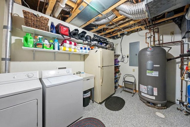 laundry area with a sink, electric panel, electric water heater, laundry area, and washer and clothes dryer