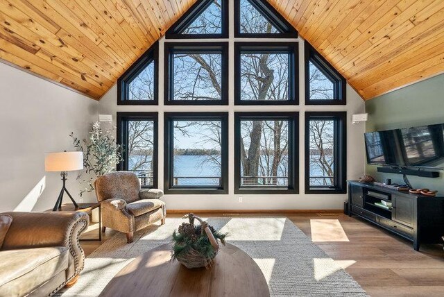 living room featuring high vaulted ceiling, wood ceiling, wood finished floors, and baseboards