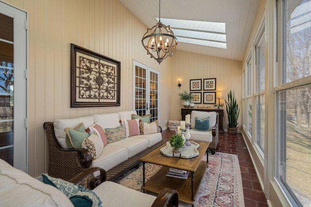 2834 12th Ave NW, Austin, MN 55912 - sunroom with vaulted ceiling, a chandelier, french doors, and a skylight