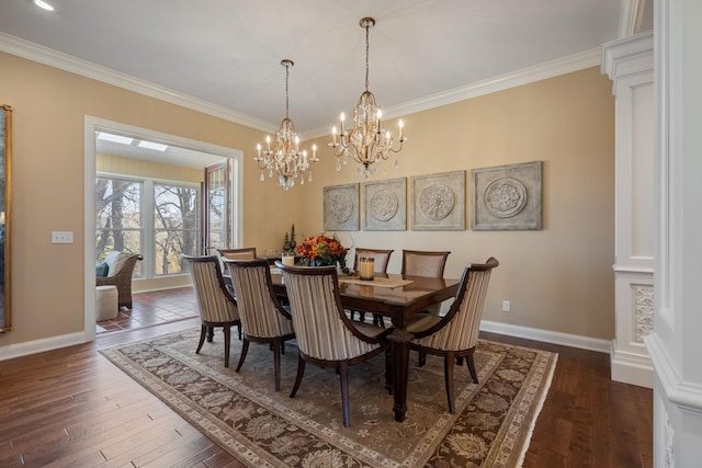 2834 12th Ave NW, Austin, MN 55912 - dining space featuring baseboards, crown molding, dark wood-style floors, and a chandelier