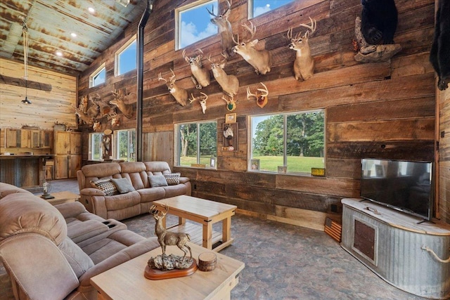 16688 248th St, Long Prairie, MN 56347 - living area featuring a high ceiling and wooden walls