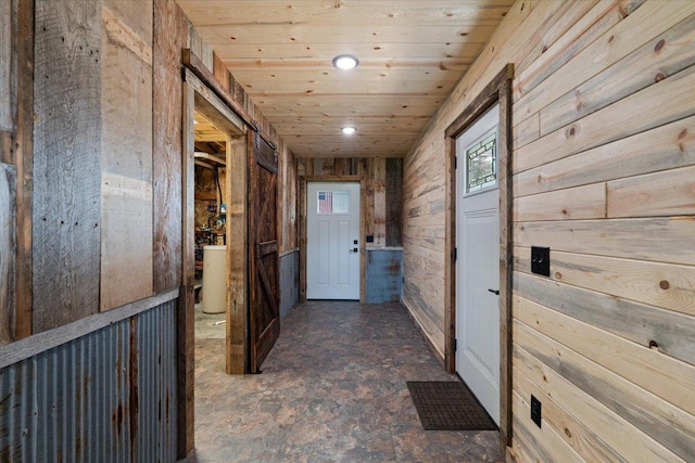 16688 248th St, Long Prairie, MN 56347 - corridor with wood ceiling, wooden walls, and recessed lighting