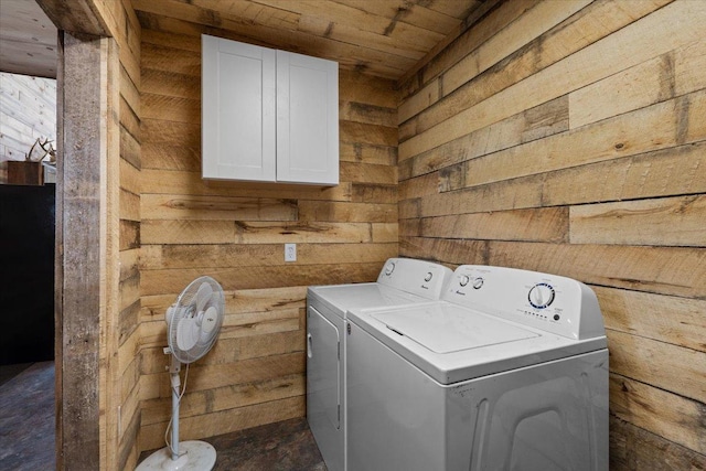 16688 248th St, Long Prairie, MN 56347 - laundry room with wooden walls, washing machine and clothes dryer, cabinet space, and wooden ceiling