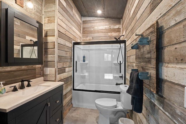 16688 248th St, Long Prairie, MN 56347 - bathroom featuring vanity, toilet, wood walls, bath / shower combo with glass door, and wood ceiling
