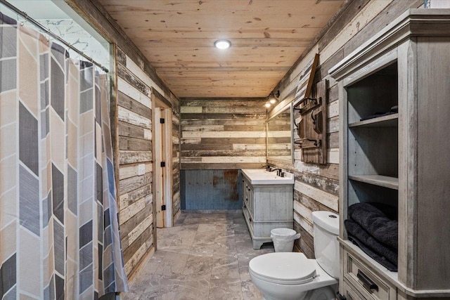 16688 248th St, Long Prairie, MN 56347 - bathroom featuring a shower with shower curtain, vanity, wooden walls, toilet, and wooden ceiling
