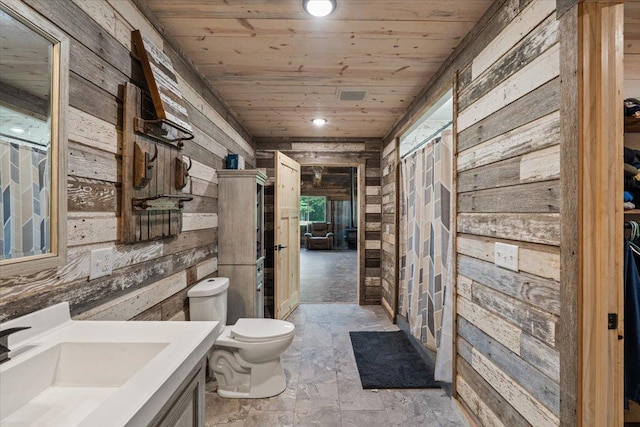 16688 248th St, Long Prairie, MN 56347 - full bathroom with wooden walls, toilet, vanity, and wood ceiling
