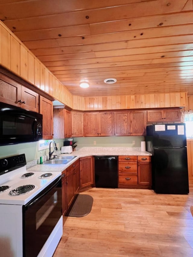 35629 Rush Lake Loop Unit 32, Rush Lake Twp, MN 56571 - kitchen with wood ceiling, light wood-type flooring, a sink, light countertops, and black appliances