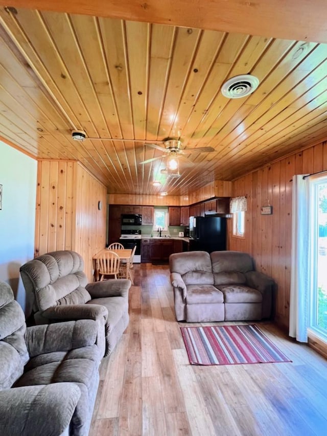 35629 Rush Lake Loop Unit 32, Rush Lake Twp, MN 56571 - living area featuring ceiling fan, visible vents, light wood-type flooring, wood walls, and wooden ceiling