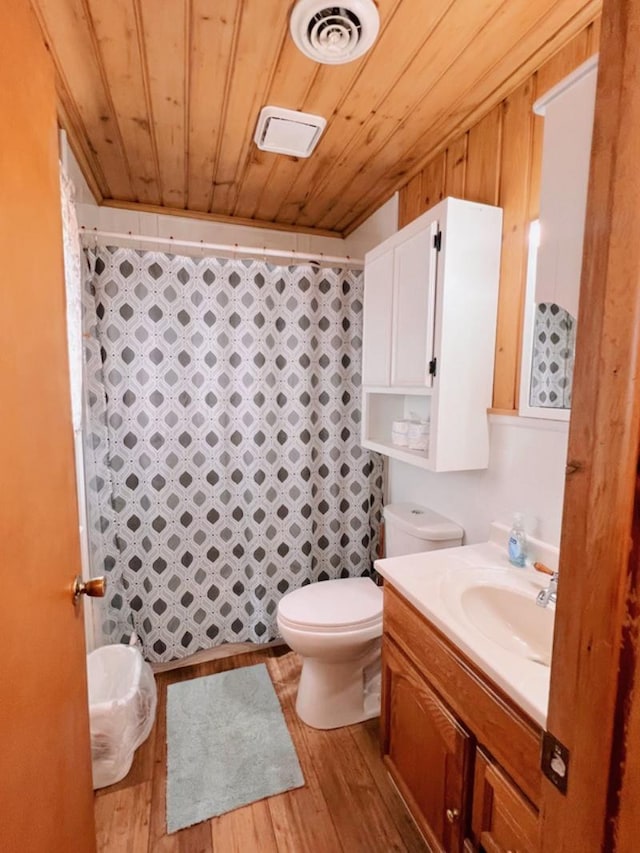 35629 Rush Lake Loop Unit 32, Rush Lake Twp, MN 56571 - full bath with toilet, wooden ceiling, curtained shower, wood finished floors, and visible vents