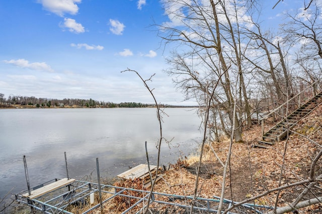 view of water feature with a dock