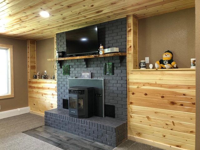 1794 White Ash Dr, Apple River Twp, WI 54810 - carpeted living room featuring wood ceiling, a wood stove, baseboards, and wood walls