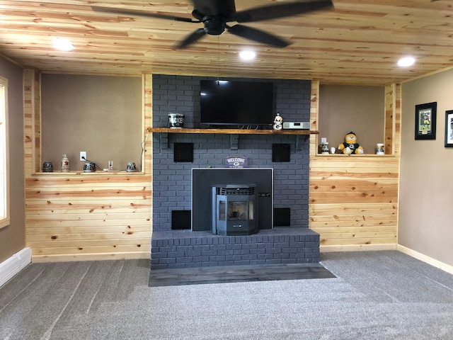 1794 White Ash Dr, Apple River Twp, WI 54810 - living area featuring wood ceiling, carpet, a ceiling fan, baseboards, and wooden walls