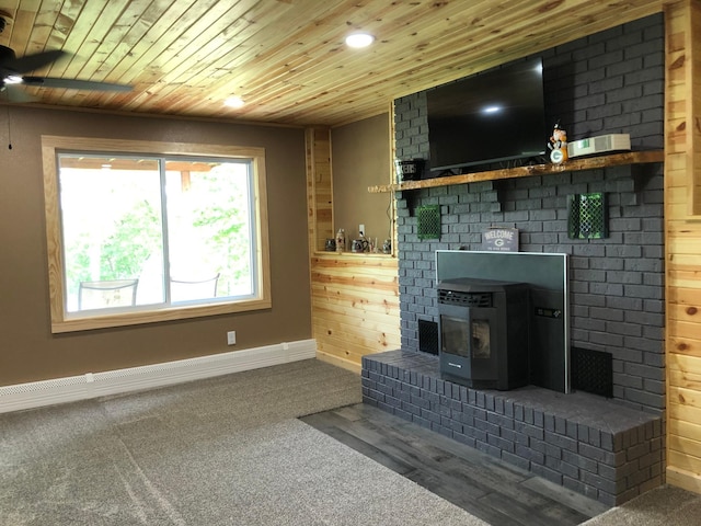 1794 White Ash Dr, Apple River Twp, WI 54810 - unfurnished living room featuring carpet, wood ceiling, baseboards, and a ceiling fan