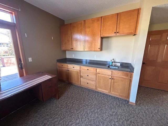 kitchen with dark colored carpet, a sink, a textured ceiling, and dark countertops