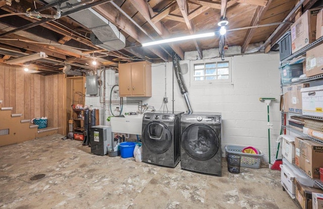 2136 Temple Ct, Saint Paul, MN 55104 - below grade area with washer and clothes dryer, electric panel, and a sink