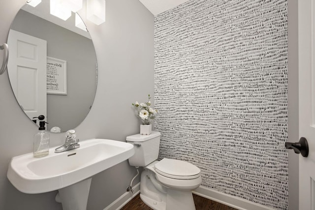 half bathroom with baseboards, a sink, wood finished floors, and toilet
