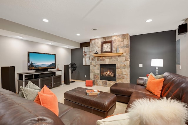 living area featuring carpet floors, recessed lighting, baseboards, and a fireplace