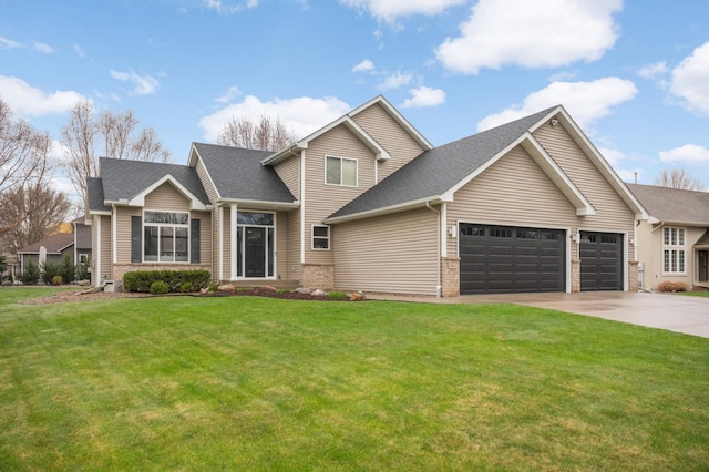 craftsman inspired home with a shingled roof, brick siding, a garage, a front yard, and driveway