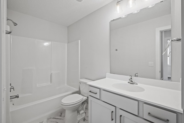 full bath featuring vanity, a textured ceiling, toilet, marble finish floor, and tub / shower combination
