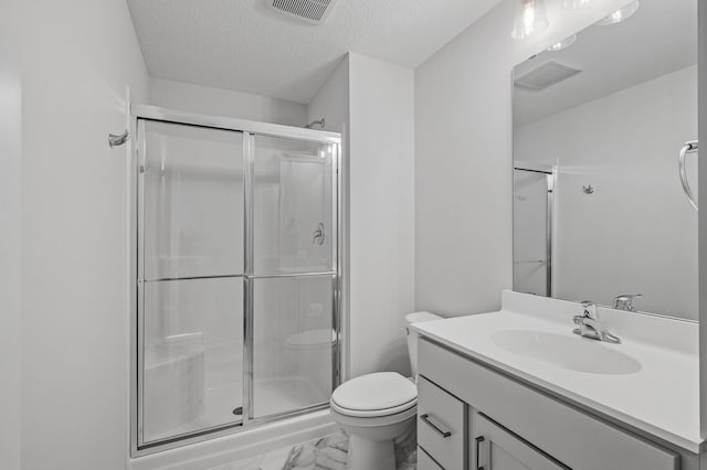 full bath featuring visible vents, toilet, a shower stall, and marble finish floor