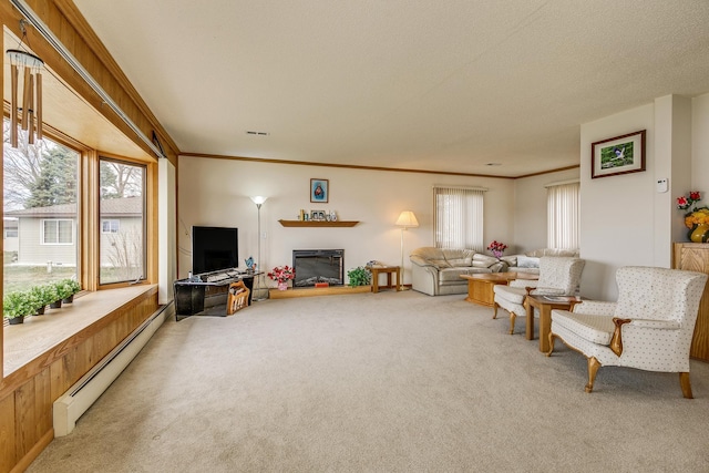 50568 Lakeside Cir, Rush City, MN 55069 - living room featuring a baseboard radiator, light colored carpet, crown molding, and a glass covered fireplace