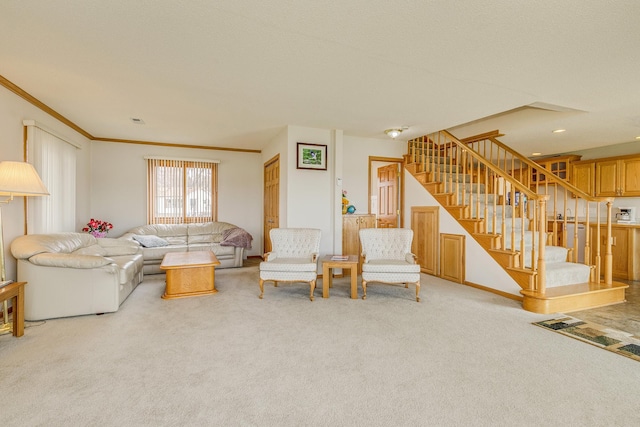 50568 Lakeside Cir, Rush City, MN 55069 - living area featuring carpet flooring, stairway, and crown molding