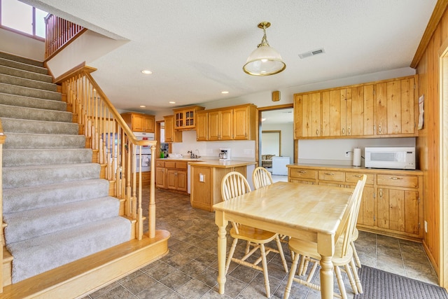 50568 Lakeside Cir, Rush City, MN 55069 - dining area featuring stairs, recessed lighting, and stone finish flooring
