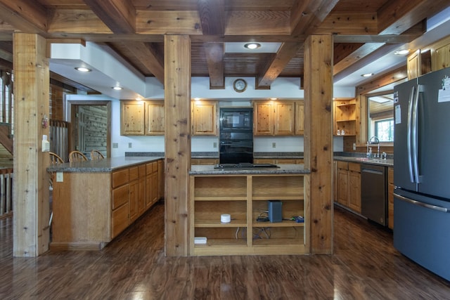 24341 Bluebird Ave, Trommald, MN 56441 - kitchen with black appliances, open shelves, dark wood-type flooring, beam ceiling, and brown cabinetry
