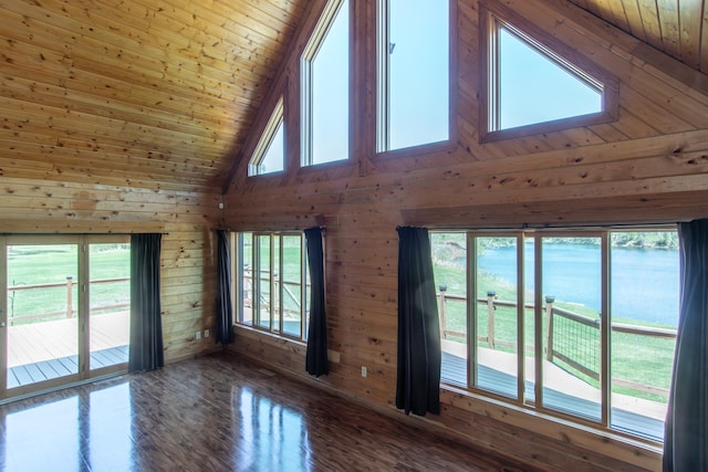 24341 Bluebird Ave, Trommald, MN 56441 - unfurnished room with high vaulted ceiling, wood ceiling, wood walls, and wood finished floors