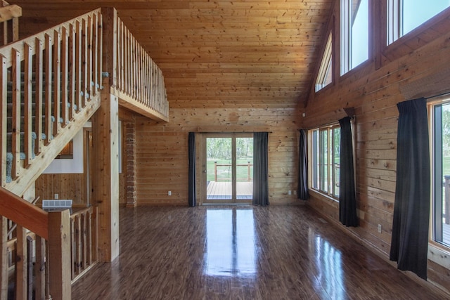 24341 Bluebird Ave, Trommald, MN 56441 - unfurnished living room featuring high vaulted ceiling, plenty of natural light, wood finished floors, wooden walls, and wood ceiling